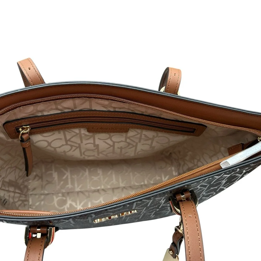 Calvin Klein Serafina Signature Tote Handbag Brown Jacquard Print 15.5x10.5x4.5